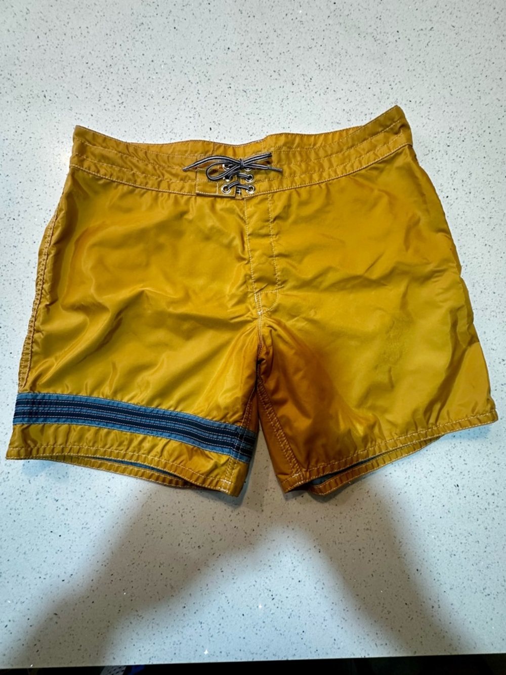Birdwell Mustard Yellow Swim Board Shorts with Navy Stripe